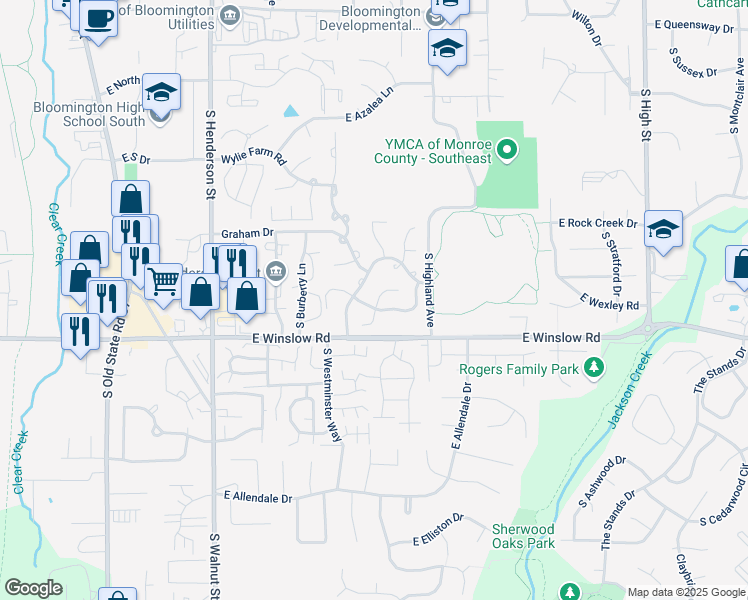 map of restaurants, bars, coffee shops, grocery stores, and more near 600 East Winslow Farm Drive in Bloomington