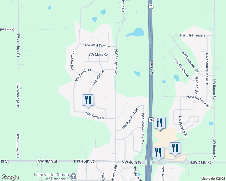 map of restaurants, bars, coffee shops, grocery stores, and more near 5008-5198 Northwest Brickyard Road in Topeka
