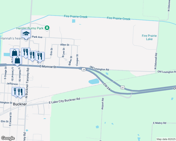 map of restaurants, bars, coffee shops, grocery stores, and more near 27461 U.S. 24 in Buckner
