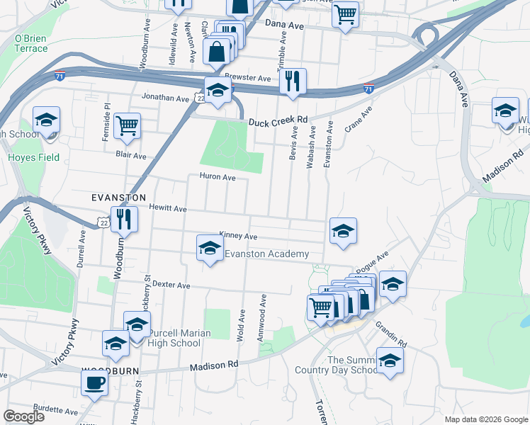 map of restaurants, bars, coffee shops, grocery stores, and more near 1926 Hewitt Avenue in Cincinnati