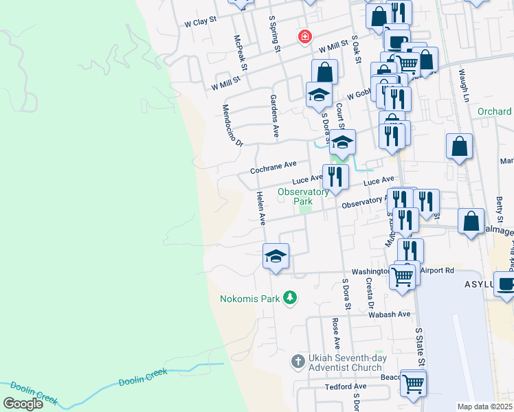 map of restaurants, bars, coffee shops, grocery stores, and more near 1001 Helen Avenue in Ukiah