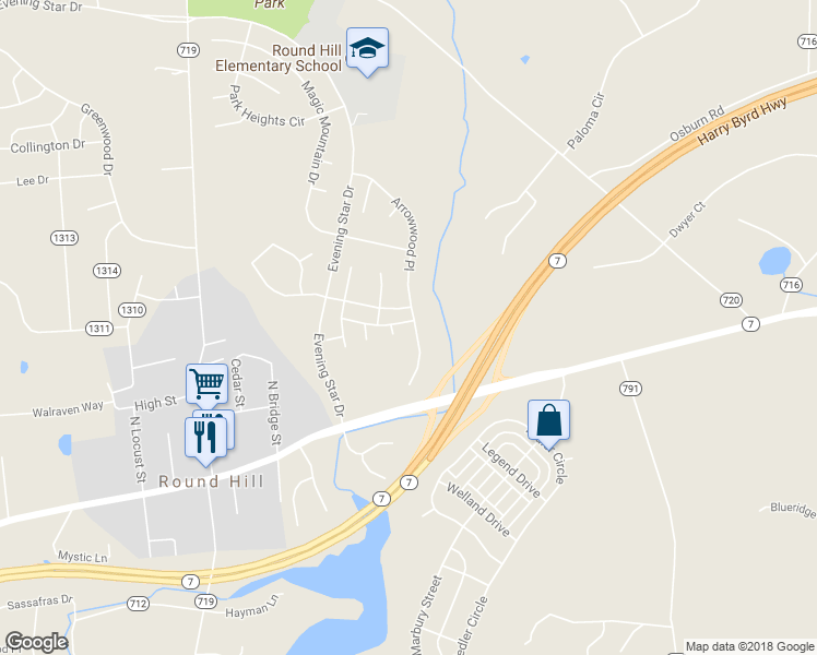 map of restaurants, bars, coffee shops, grocery stores, and more near 35945 Clover Terrace in Round Hill