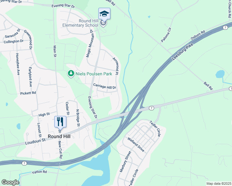 map of restaurants, bars, coffee shops, grocery stores, and more near 35945 Clover Terrace in Round Hill