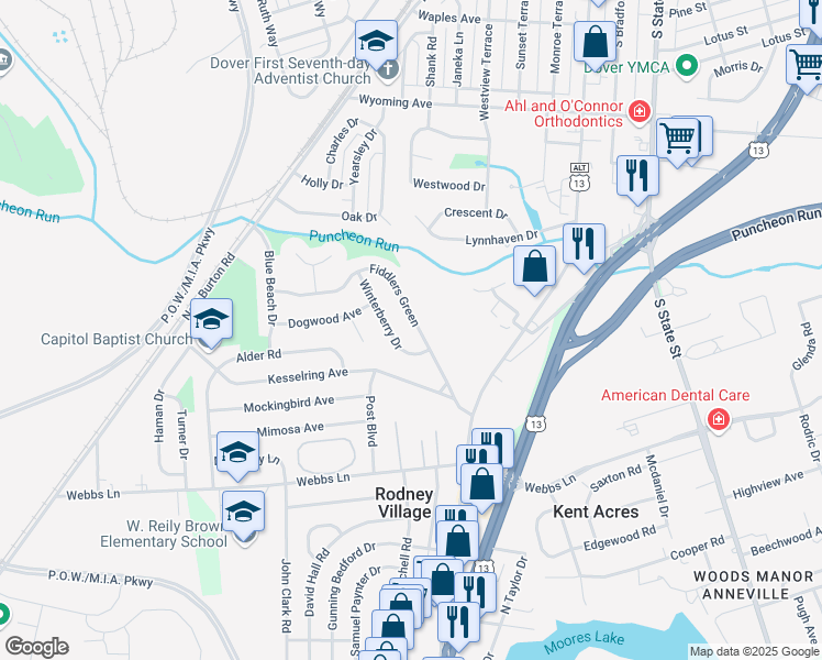 map of restaurants, bars, coffee shops, grocery stores, and more near 312 Fiddlers Green in Dover