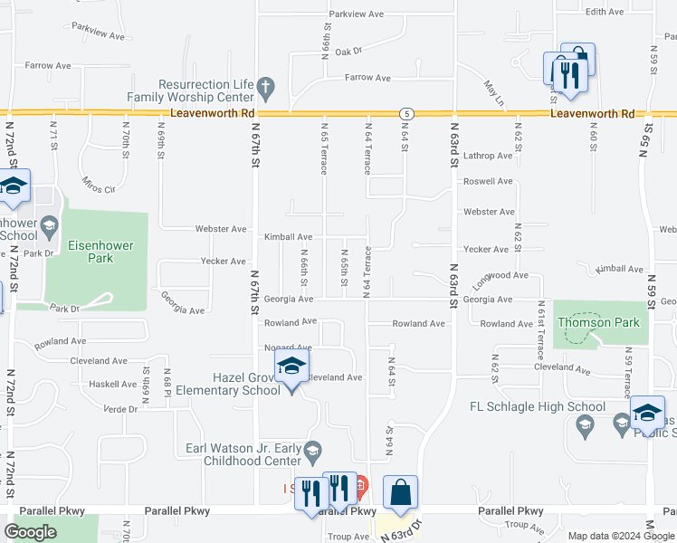 map of restaurants, bars, coffee shops, grocery stores, and more near 2724 North 65th Street in Kansas City