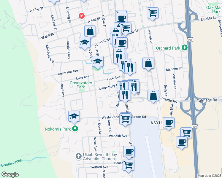 map of restaurants, bars, coffee shops, grocery stores, and more near 118 Observatory Avenue in Ukiah