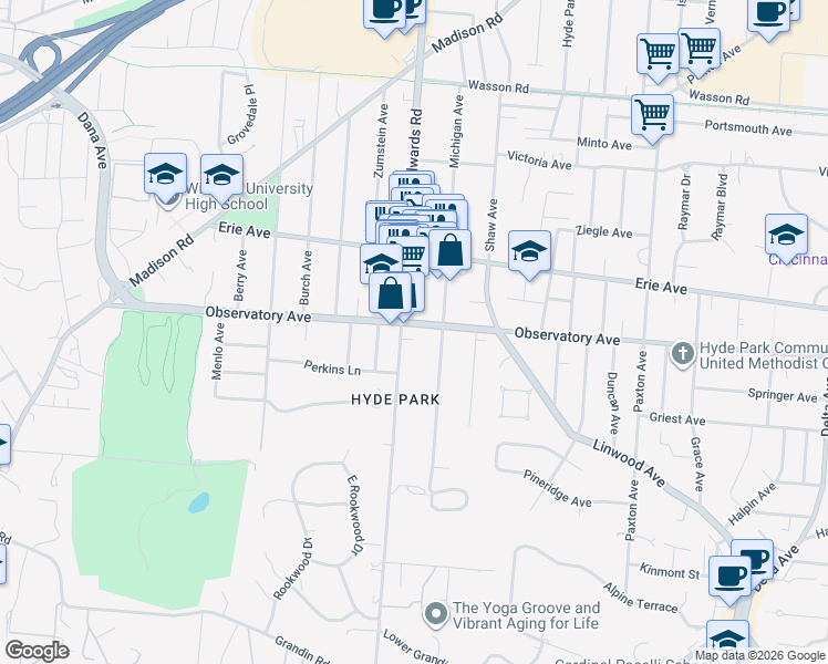 map of restaurants, bars, coffee shops, grocery stores, and more near 2716 Observatory Avenue in Cincinnati