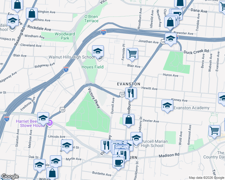 map of restaurants, bars, coffee shops, grocery stores, and more near 1517 Saint Leger Place in Cincinnati