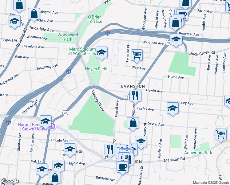 map of restaurants, bars, coffee shops, grocery stores, and more near 1517 Saint Leger Place in Cincinnati