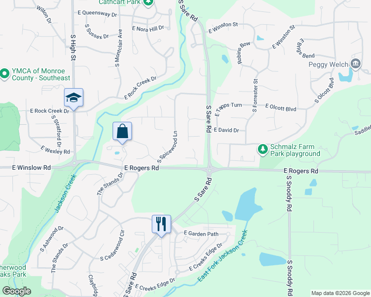 map of restaurants, bars, coffee shops, grocery stores, and more near 2674-2862 South Spicewood Lane in Bloomington