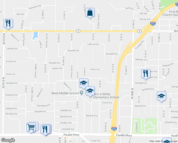 map of restaurants, bars, coffee shops, grocery stores, and more near 4348 Yecker Avenue in Kansas City