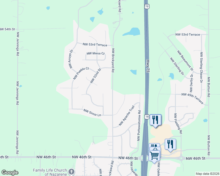 map of restaurants, bars, coffee shops, grocery stores, and more near 5008-5198 Northwest Brickyard Road in Topeka