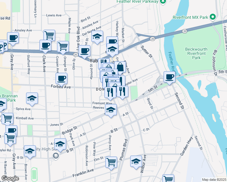 map of restaurants, bars, coffee shops, grocery stores, and more near in Yuba City