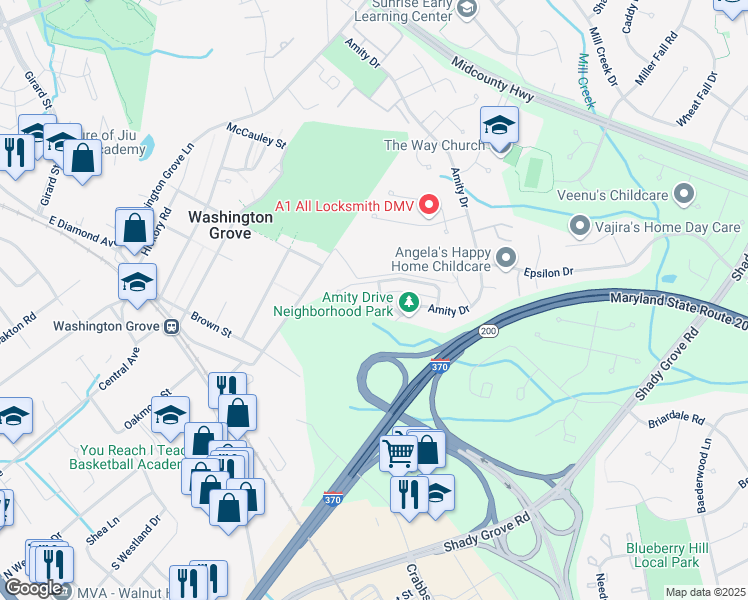 map of restaurants, bars, coffee shops, grocery stores, and more near 8234 Castanea Lane in Derwood