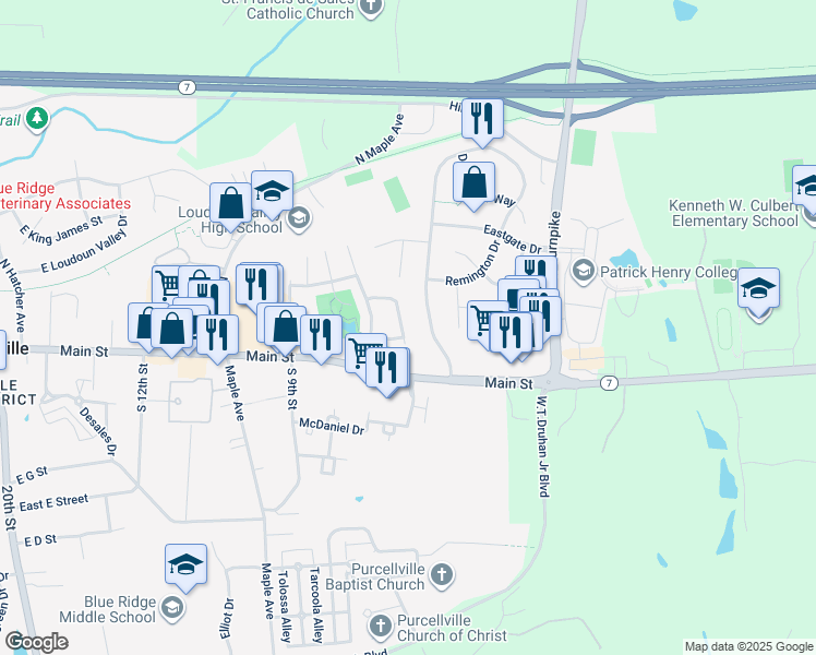 map of restaurants, bars, coffee shops, grocery stores, and more near 112 Ivy Hills Terrace in Purcellville