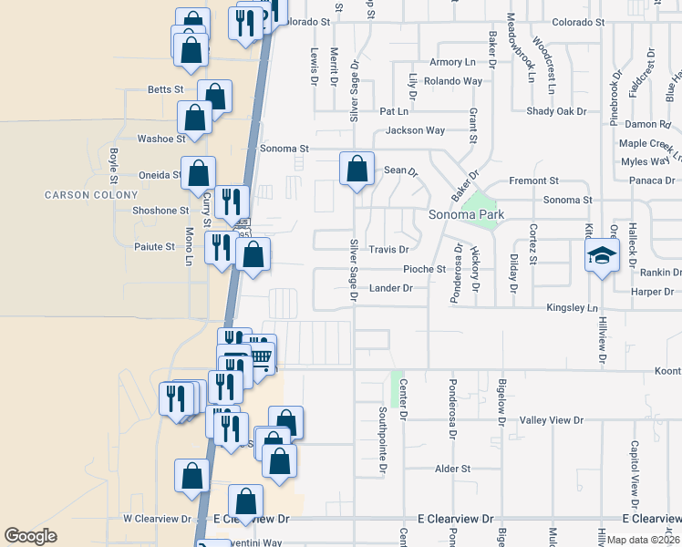 map of restaurants, bars, coffee shops, grocery stores, and more near 401 Springview Court in Carson City