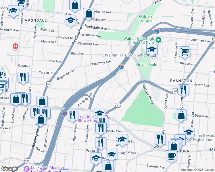 map of restaurants, bars, coffee shops, grocery stores, and more near 27 Melbourne Street in Cincinnati