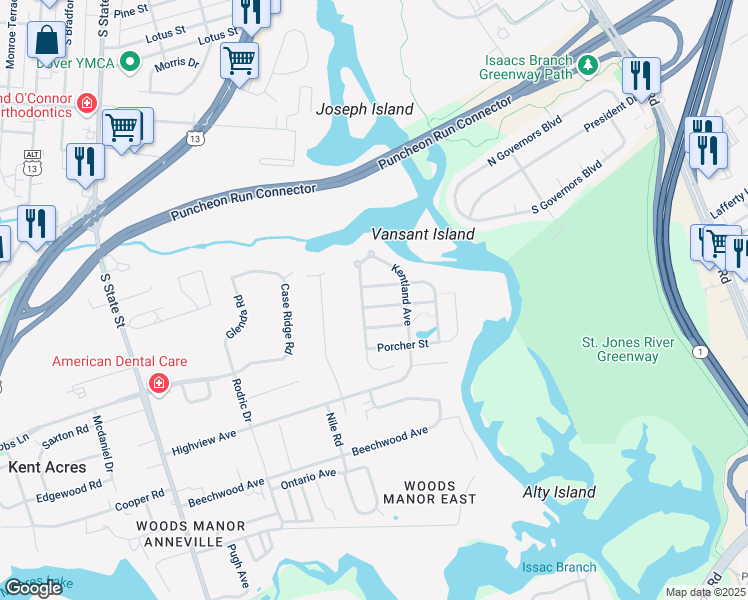 map of restaurants, bars, coffee shops, grocery stores, and more near 31 William Chandler Street in Dover