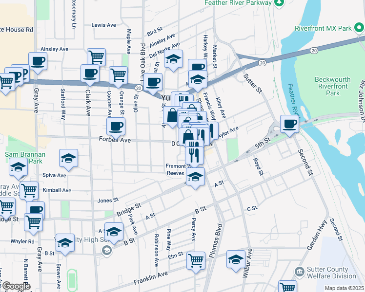 map of restaurants, bars, coffee shops, grocery stores, and more near in Yuba City