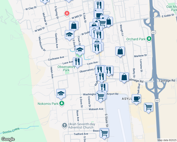 map of restaurants, bars, coffee shops, grocery stores, and more near 221 Observatory Avenue in Ukiah
