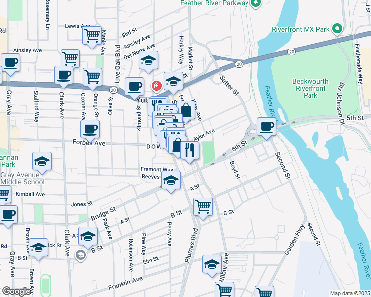 map of restaurants, bars, coffee shops, grocery stores, and more near in Yuba City