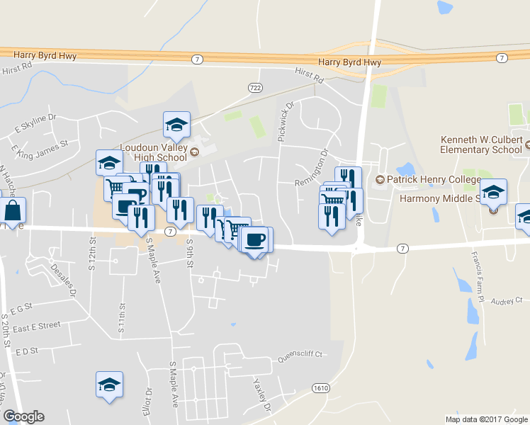 map of restaurants, bars, coffee shops, grocery stores, and more near 114 Ivy Hills Terrace in Purcellville