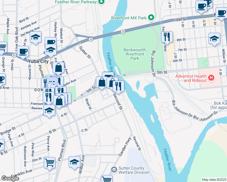 map of restaurants, bars, coffee shops, grocery stores, and more near 547 2nd St in Yuba City