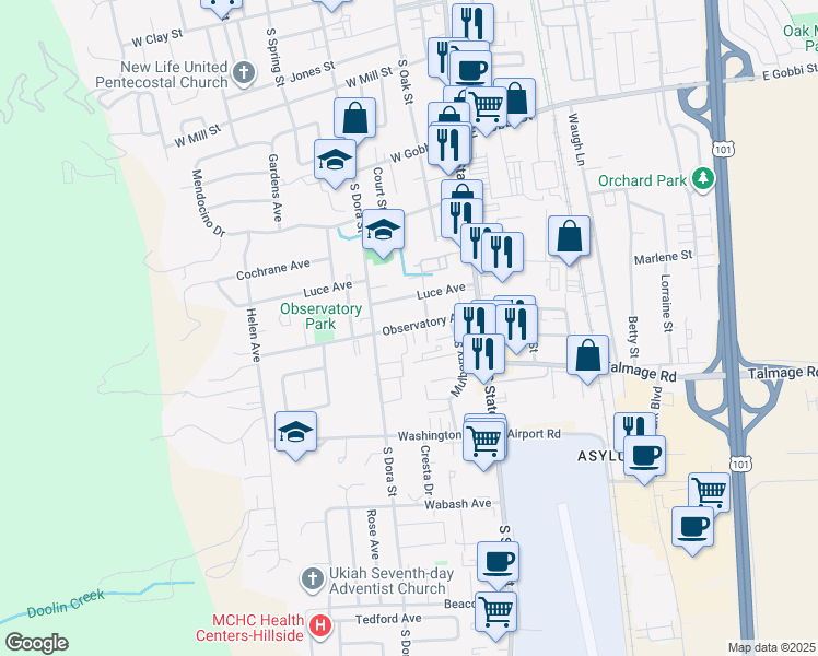 map of restaurants, bars, coffee shops, grocery stores, and more near 231 Luce Ave in Ukiah