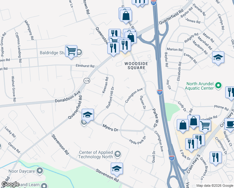 map of restaurants, bars, coffee shops, grocery stores, and more near 7848 Woodside Terrace in Glen Burnie