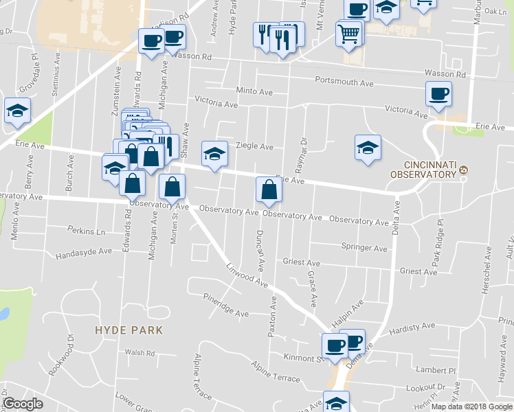 map of restaurants, bars, coffee shops, grocery stores, and more near 3428 Duncan Avenue in Cincinnati