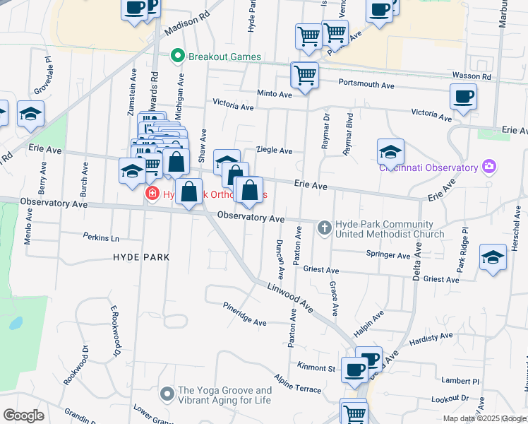 map of restaurants, bars, coffee shops, grocery stores, and more near 3422 Monteith Avenue in Cincinnati
