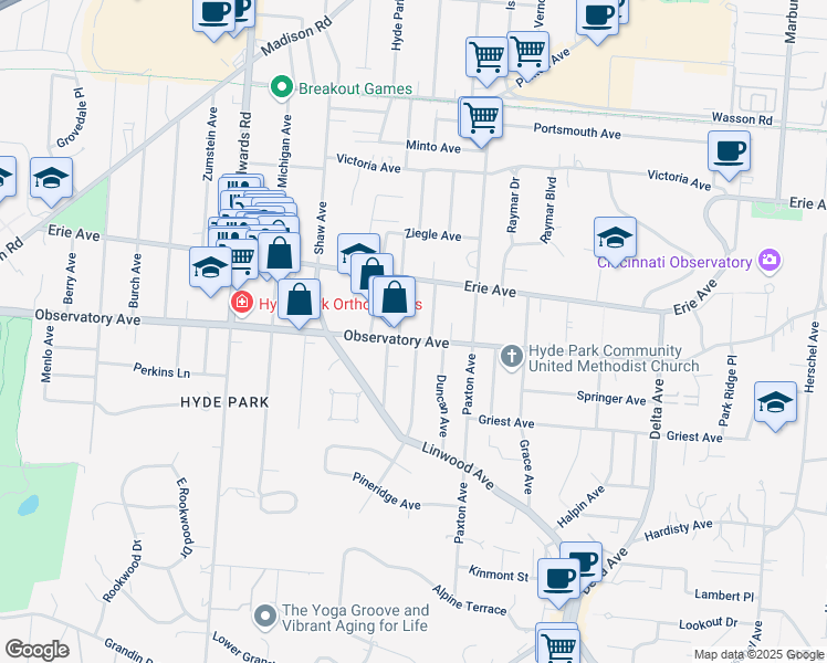 map of restaurants, bars, coffee shops, grocery stores, and more near 3422 Monteith Avenue in Cincinnati