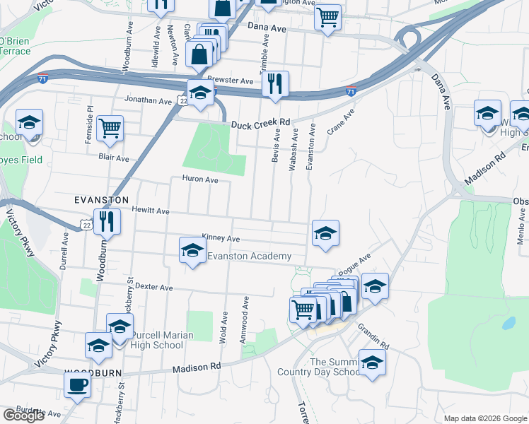 map of restaurants, bars, coffee shops, grocery stores, and more near 1926 Hewitt Avenue in Cincinnati