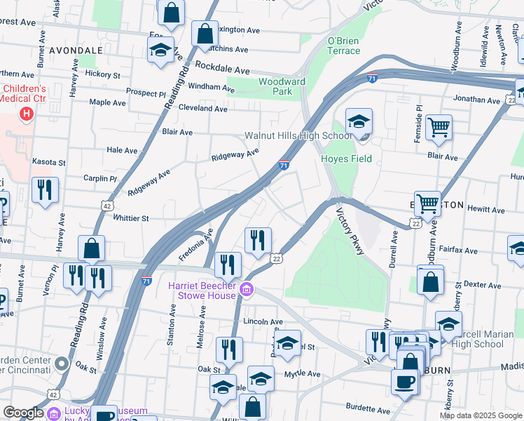 map of restaurants, bars, coffee shops, grocery stores, and more near in Cincinnati