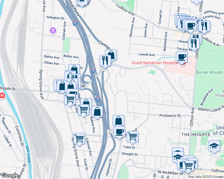 map of restaurants, bars, coffee shops, grocery stores, and more near 724 Riddle Road in Cincinnati