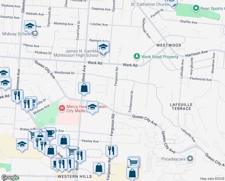 map of restaurants, bars, coffee shops, grocery stores, and more near 3015 Ferguson Road in Cincinnati