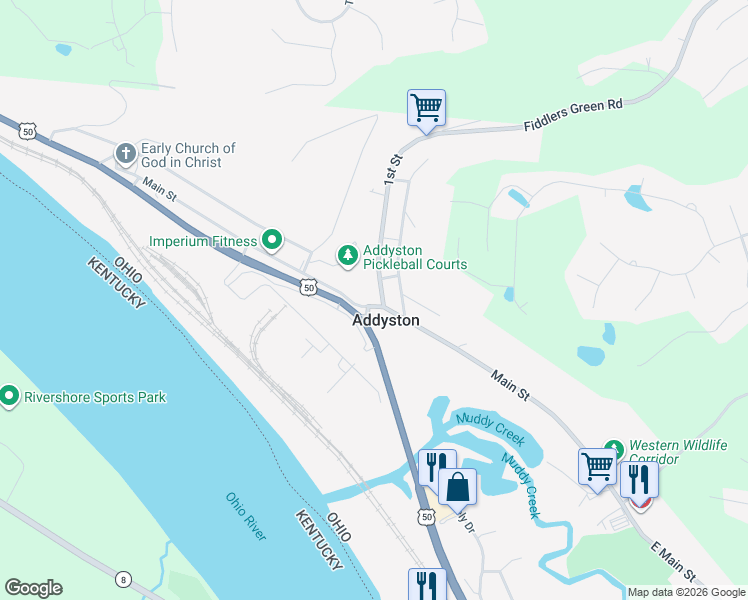 map of restaurants, bars, coffee shops, grocery stores, and more near 225 Sekitan Avenue in Addyston