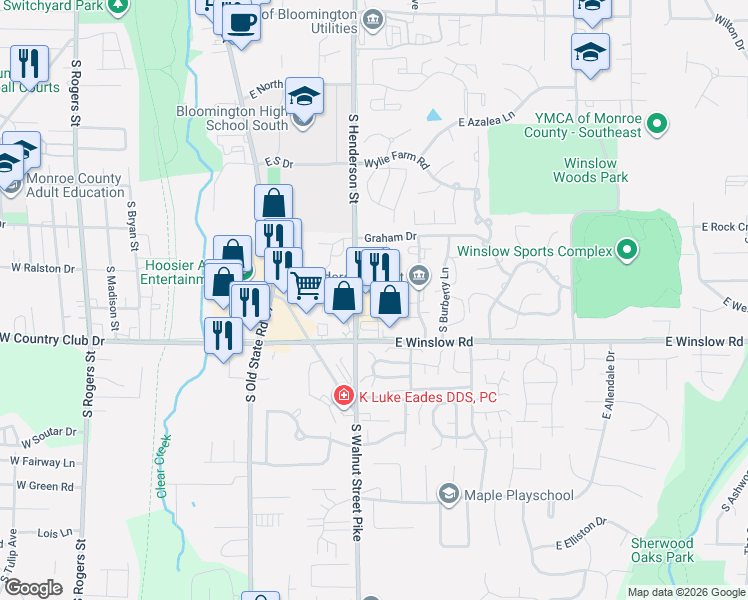 map of restaurants, bars, coffee shops, grocery stores, and more near 2381 South Brandon Court in Bloomington