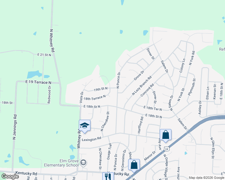 map of restaurants, bars, coffee shops, grocery stores, and more near 1902 North Ponca Drive in Independence