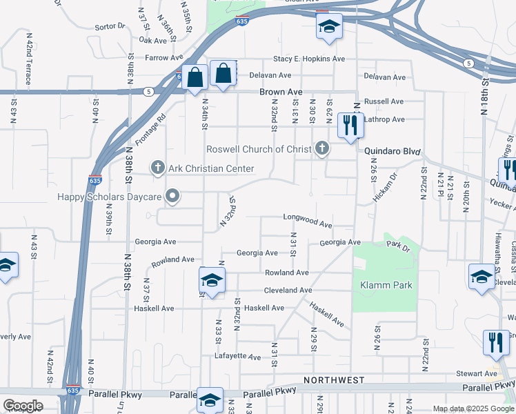 map of restaurants, bars, coffee shops, grocery stores, and more near 3221 Kimball Avenue in Kansas City