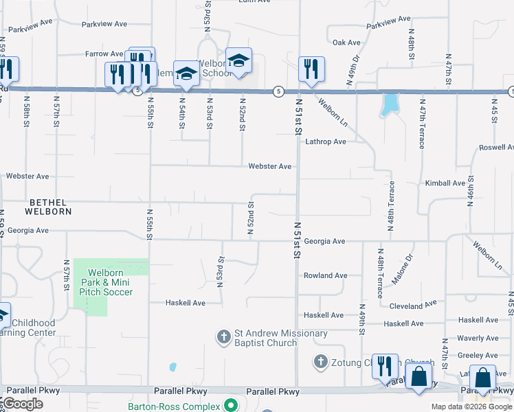 map of restaurants, bars, coffee shops, grocery stores, and more near 5156 Kimball Avenue in Kansas City