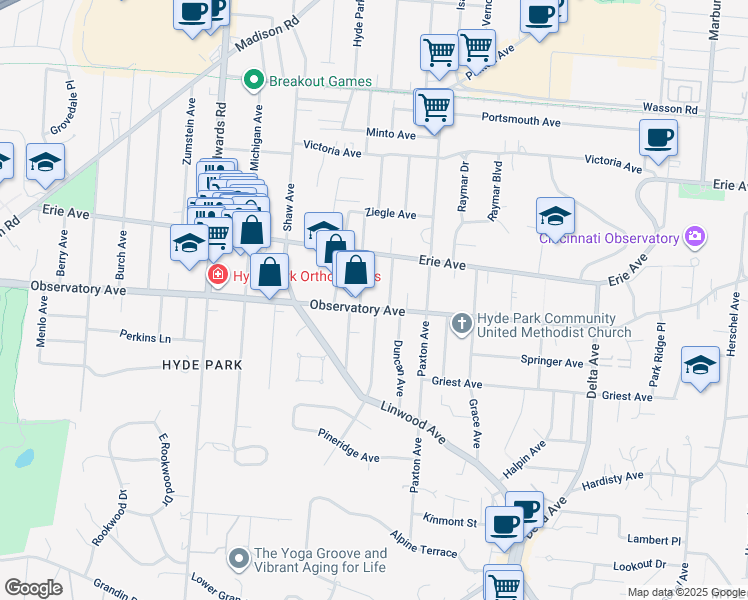 map of restaurants, bars, coffee shops, grocery stores, and more near 3422 Monteith Avenue in Cincinnati