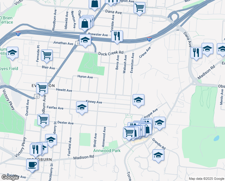 map of restaurants, bars, coffee shops, grocery stores, and more near in Cincinnati