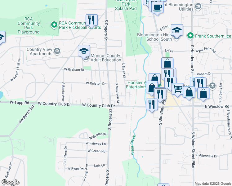 map of restaurants, bars, coffee shops, grocery stores, and more near 2609 South Rogers Street in Bloomington