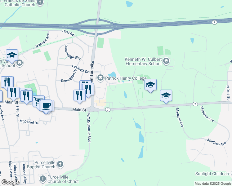 map of restaurants, bars, coffee shops, grocery stores, and more near 2 Wilberforce CIrcle in Purcellville