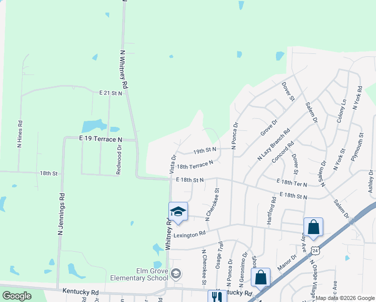 map of restaurants, bars, coffee shops, grocery stores, and more near 18100 19th Street North in Independence