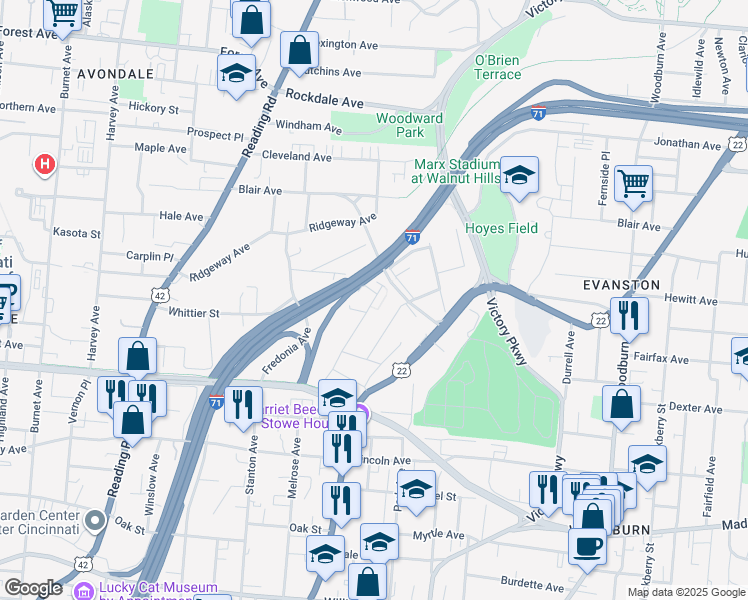 map of restaurants, bars, coffee shops, grocery stores, and more near 3068 Kerper Avenue in Cincinnati