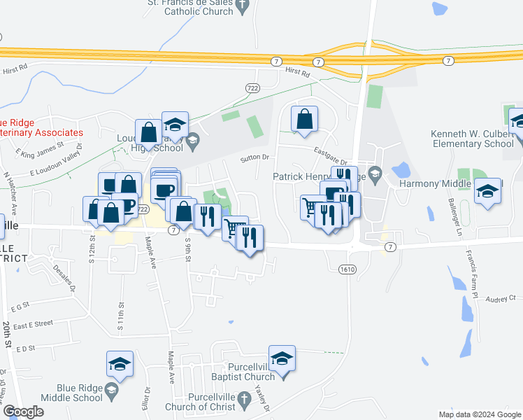 map of restaurants, bars, coffee shops, grocery stores, and more near 116 Ivy Hills Terrace in Purcellville