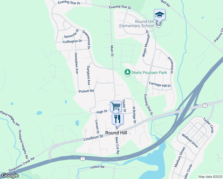 map of restaurants, bars, coffee shops, grocery stores, and more near 44 Main Street in Round Hill