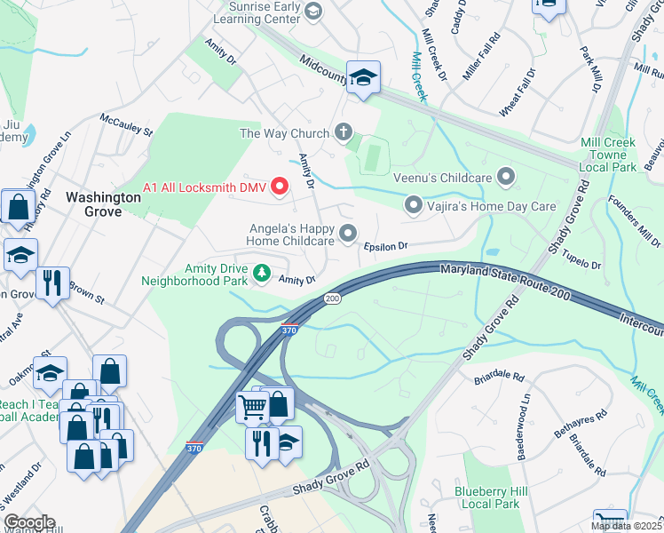 map of restaurants, bars, coffee shops, grocery stores, and more near 14 Amity Court in Derwood